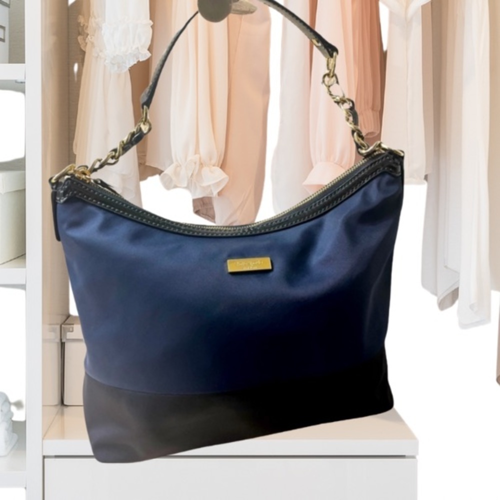 HP 🎉Kate Spade Blue Black Color Block Nylon Serena Top Handle Handbag Hobo Purse - Picture 7 of 16